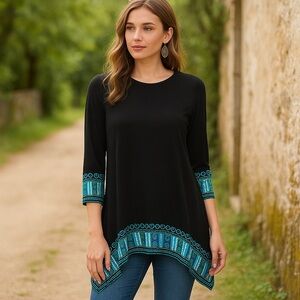 Boho Stretch Knit Jersey Tunic with Woven Geometric Print Trim - Plus‎ Size